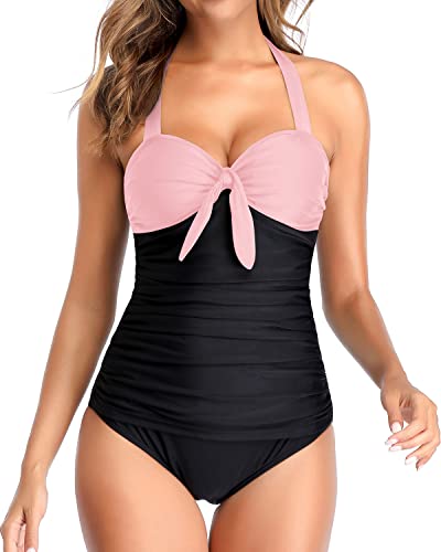 Stylish Bowknot Ruched Slimming One Piece Swim Suit-Pink And Black