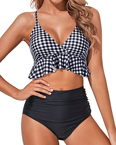 Ruffle High Waisted Bikini Ruched Tummy Control Two Piece Swimsuits-Black And White Checkered