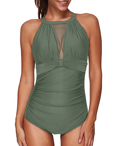 Sexy One Piece High Neck Mesh Ruched Monokini Swimsuit For Women-Olive Green