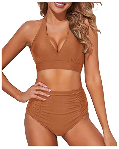 Summery Halter Two Piece High Waisted Bikini Set-Brown