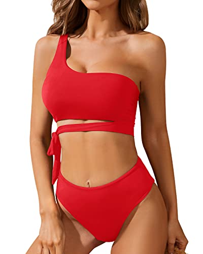 Two-Piece Ruched High Waisted One Shoulder Bikini Set-Red