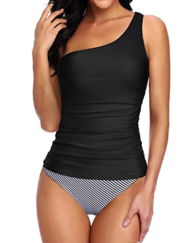 Modest Tummy Control One Shoulder Tankini Swimsuit For Ladies-Black Stripe