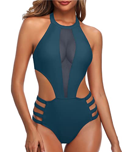 Removable Padded Push Up Bra Sexy One Piece Bathing Suit For Women-Teal