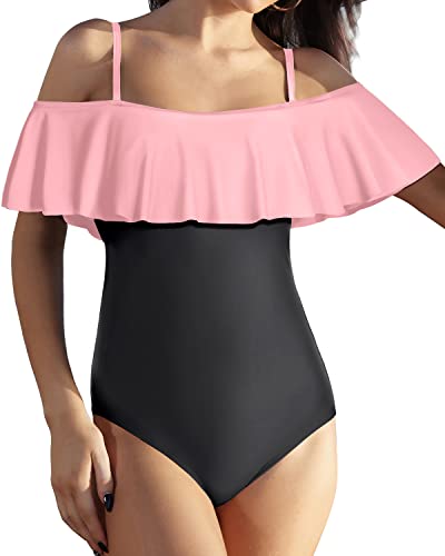 Padded Bra Off Shoulder One Piece Swimsuit For Women-Pink And Black