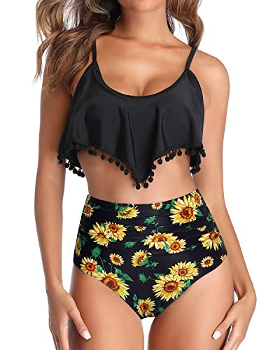 Ruffle Flounce Pom Pom Trim Two Piece Bikini Swimsuit-Black