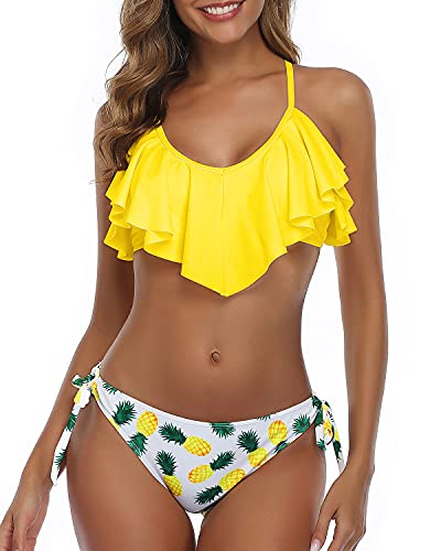 Two Piece Bikini Cross Back Ruffled Bikini For Women Yellow Pineapple Tempt Me