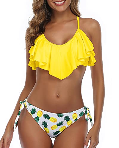 Two Piece Bikini Cross Back Ruffled Bikini For Women-Yellow Pineapple
