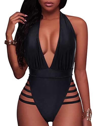 Lace Up Ruffled Off Shoulder Flounce Plunge Deep V Neck One Piece Swimsuits-Black
