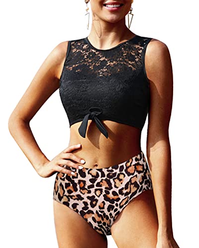 Stylish High Waisted Lace Women's 2 Piece Bathing Suit Tummy Control Bottoms-Black And Leopard