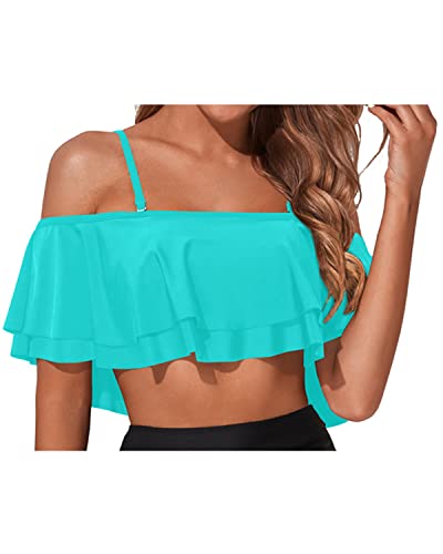Classic Strappy Flounce Swimsuit Top For Women-Aqua