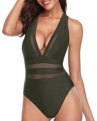 Flattering V Neck Long Torso Monokini Swimsuit-Army Green
