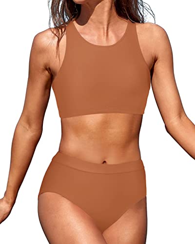 High Neck Sporty Bikini Set 2 Piece Bathing Suits For Teen Girls-Brown