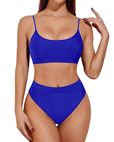 Adjustable Spaghetti Straps High Waisted Bikini Sporty Scoop Neck Swimsuits-Royal Blue