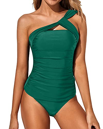 Women's Sexy Ruched One Shoulder Tankini Swimsuit-Emerald Green