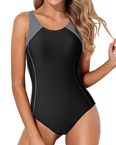 Quick-Dry Splicing Athletic One Piece Swimsuits-Black Gray