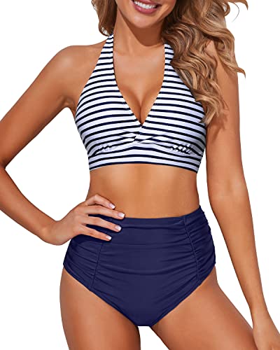 Charming Tummy Control Two Piece High Waisted Bikini Set-Blue White Stripe