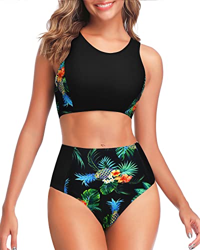 Trendy High Waisted Two Piece Bikini Set For Teen Girls-Black Pineapple