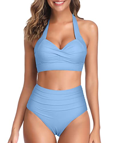 Adjustable Self-Tie Halter Neck Bikini Sets For Women-Light Blue