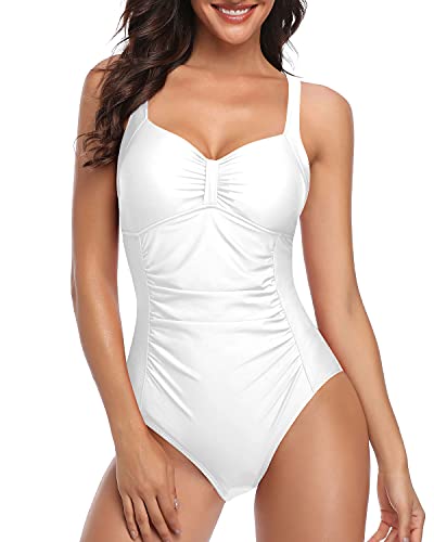 Slimming Bathing Suits Push-Up Padding Ruched One Piece For Women-White