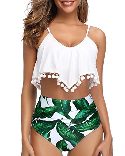 Pom Pom Trim Flounce Two Piece Bikini Ruffle Swimsuit For Women-White Leaf