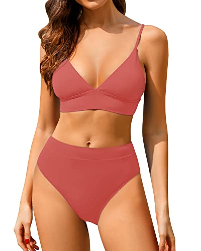 Trendy High Waisted Bikini Set Two Piece Triangle Bathing Suits For Ladies-Red