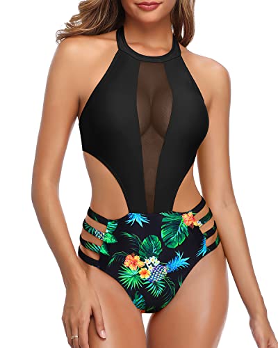 Attractive Cutout Strap Design Sexy One Piece Bathing Suit For Women-Black Pineapple