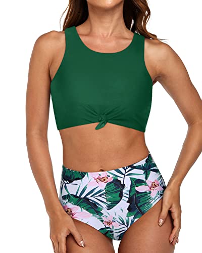 Athletic Scoop Neck Bikini Set High Waisted Bottom-Green Tropical Floral