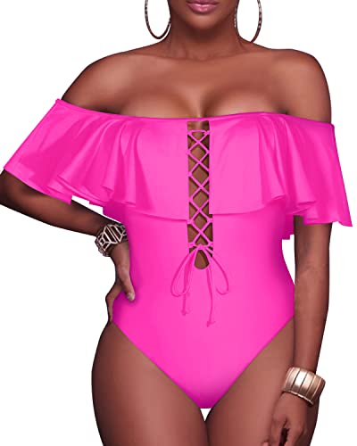 Removable Strap Women Sexy One Piece Swimwear-Neon Pink