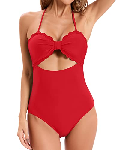 Women's Full Coverage Ruched High Waist Bikini Bottoms-Red