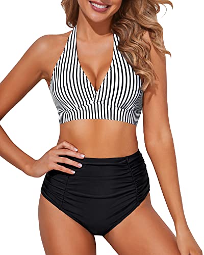 Slimming Ruched Two Piece High Waisted Bikini Set-Black And White Stripe