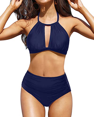 Ruffled Halter High Waisted Bikini For Excellent Tummy Control-Navy Blue