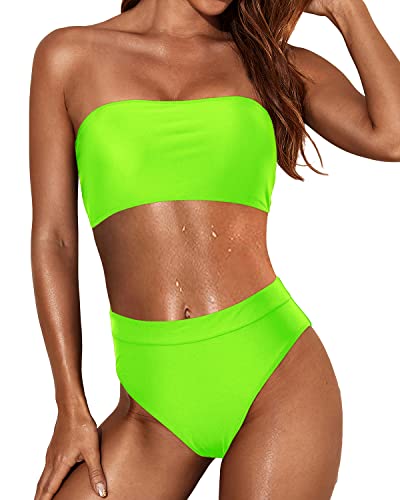 Visual Longer Legs Bikini Set Women Two Piece Bandeau Swimsuit-Neon Green