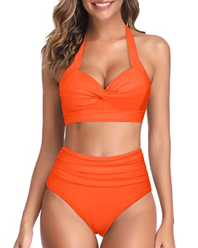 Vintage Halter Ruched Highwaist Bikini Self-Tie Neck Bathing Suit-Neon Orange