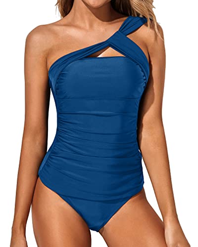 Women's 2 Piece Tankini One Shoulder Top & Ruched Shorts-Blue