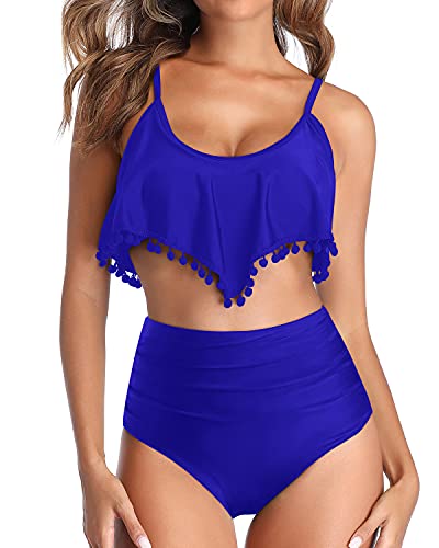 Women's Two Piece Flounce Ruffle Pom Pom Trim Bikini-Royal Blue