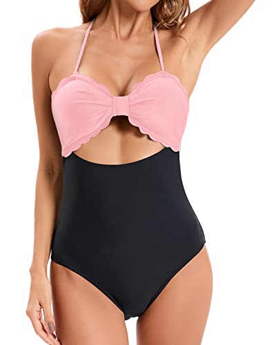 Women's Tummy Control Ruched High Waisted Swim Shorts Bikini Bottom-Pink And Black