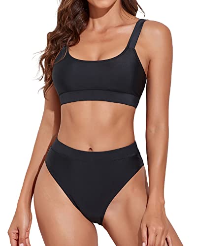2 Piece Adjustable Shoulder Straps High Waisted Bikini Swimsuits-Black