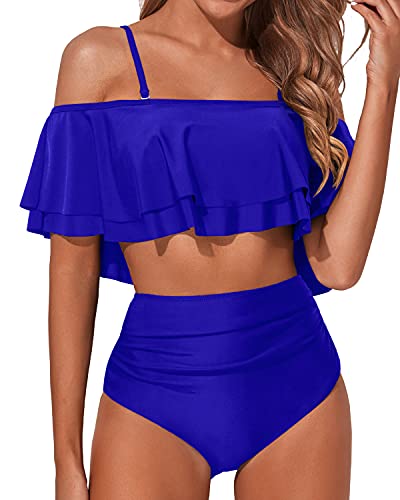 Women's Ruffle Off Shoulder Bikini Swimsuit Set-Royal Blue