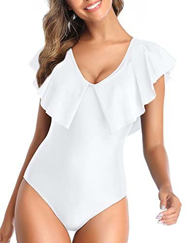 Cute Tummy Control Flounce Sleeve V Neck One Piece Swimsuit-White