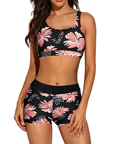 Athletic 3 Piece Tankini Swimsuit Boy Shorts For Women-Black Orange Fl –  Tempt Me