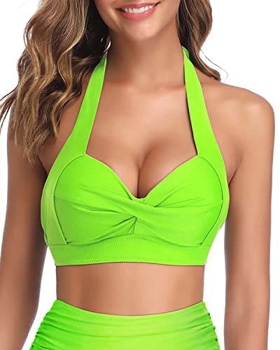 Comfortable Push Up Halter Retro Bikini Top For Women-Neon Green