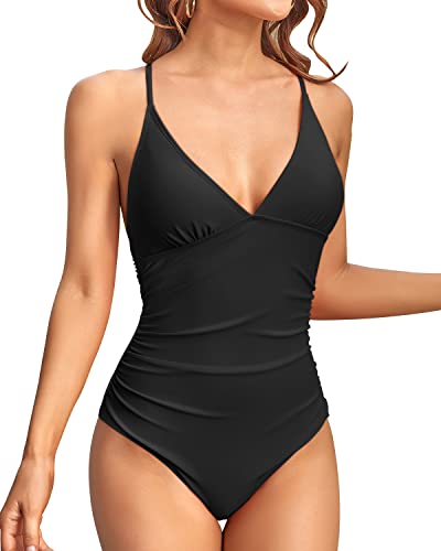 Bathing Suits Tummy Control V Neck One Piece Swimsuits-Black