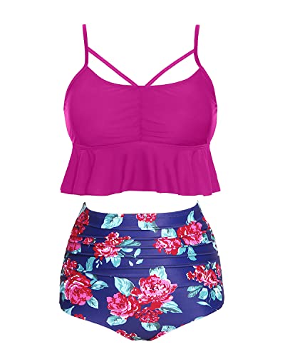Women's Ruched Tummy Control High Waist Bikini Sets-Pink Floral