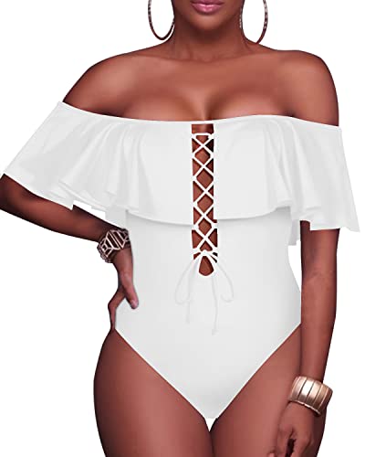 Charming Women's Lace Up Ruffled One Piece Bathing Suit-White