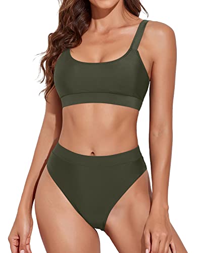 Women Two Piece High Waisted Bikini Swimsuits Sporty Scoop Neck Bikini-Army Green