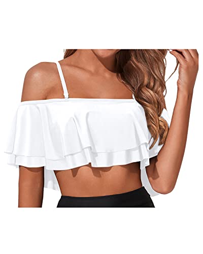 Striking Ruffled Flounce Swimsuit Top For Women-White