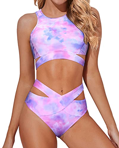 Trendy Cutout Criss Cross Design Two Piece High Neck Bikini Set-Color Tie Dye