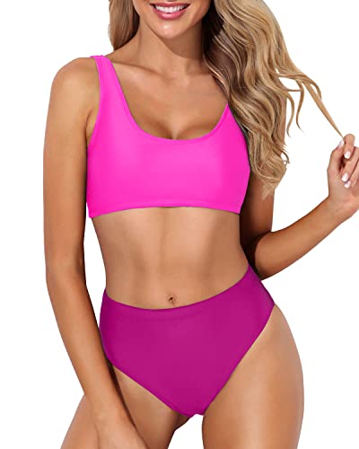 Sexy High Waisted Two Piece Scoop Neck Bikini For Long Torso-Phosphor And Dark Pink