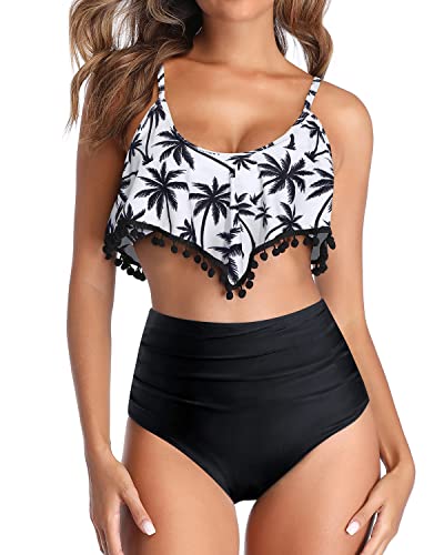 High Waisted Bikini Ruched Bottom Ruffle Swimsuit For Women-Black Palm Tree