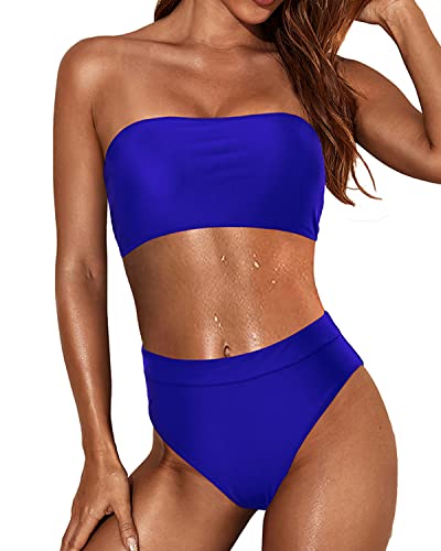 Supportive Shoulder Straps Bikini Women Two Piece Bandeau Swimsuit-Royal Blue
